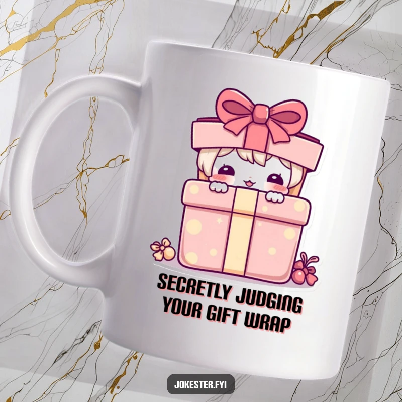 Funny Mug: Playful character peeking out from behind a vibrant, oversized present, ready for a surprise.