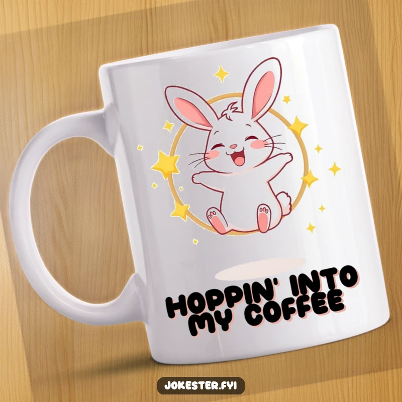 Funny mug with a giggling rabbit joyfully jumping through a hoop made of sparkling stars.