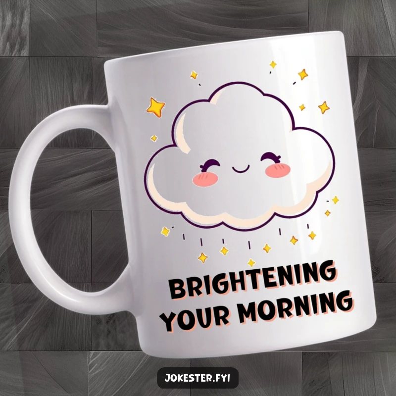 Funny mug showcasing a happy cloud character with a big grin, raining tiny, sparkling stars.