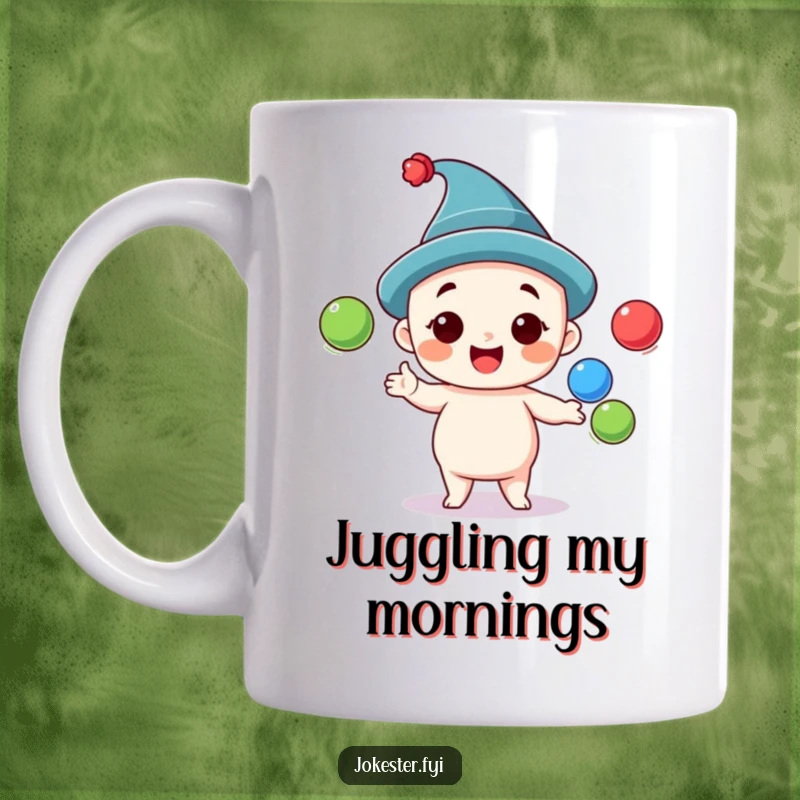 Funny juggling character mug showing a happy person in a ridiculous hat, skillfully tossing three vibrant balls with a cheerful expression.