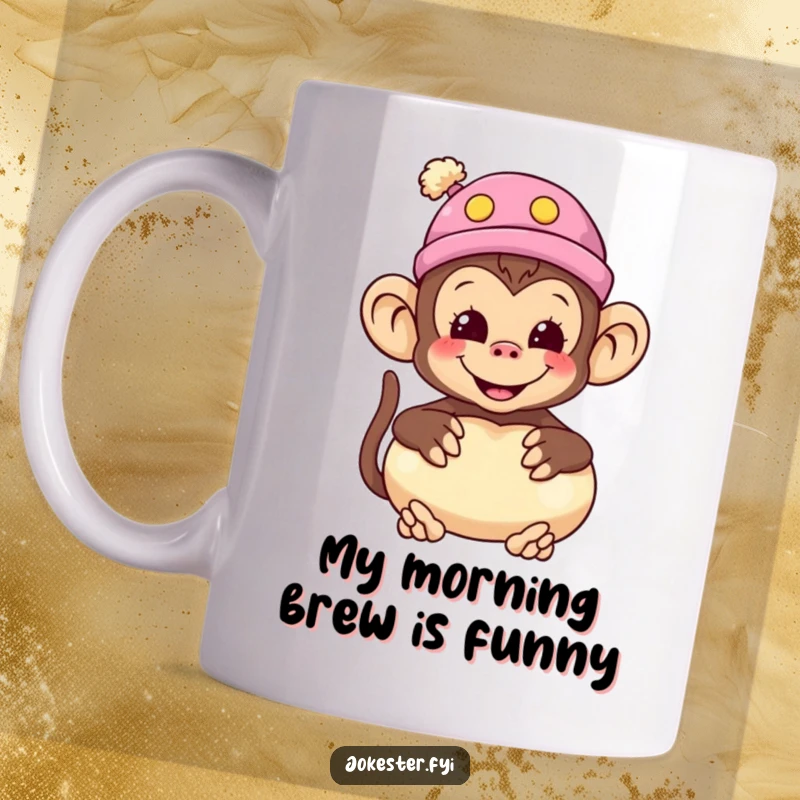 Funny monkey mug showcasing a smiling monkey wearing a silly hat and holding a whoopee cushion, ready for fun.