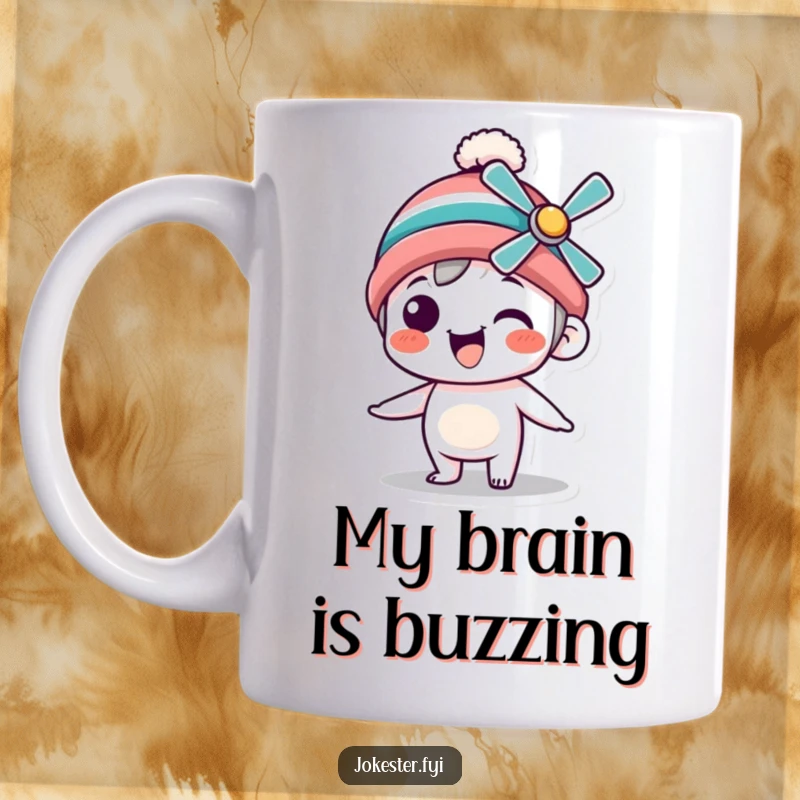 Funny Mug featuring a silly character in a propeller beanie spinning with pure delight, radiating joy and whimsy.