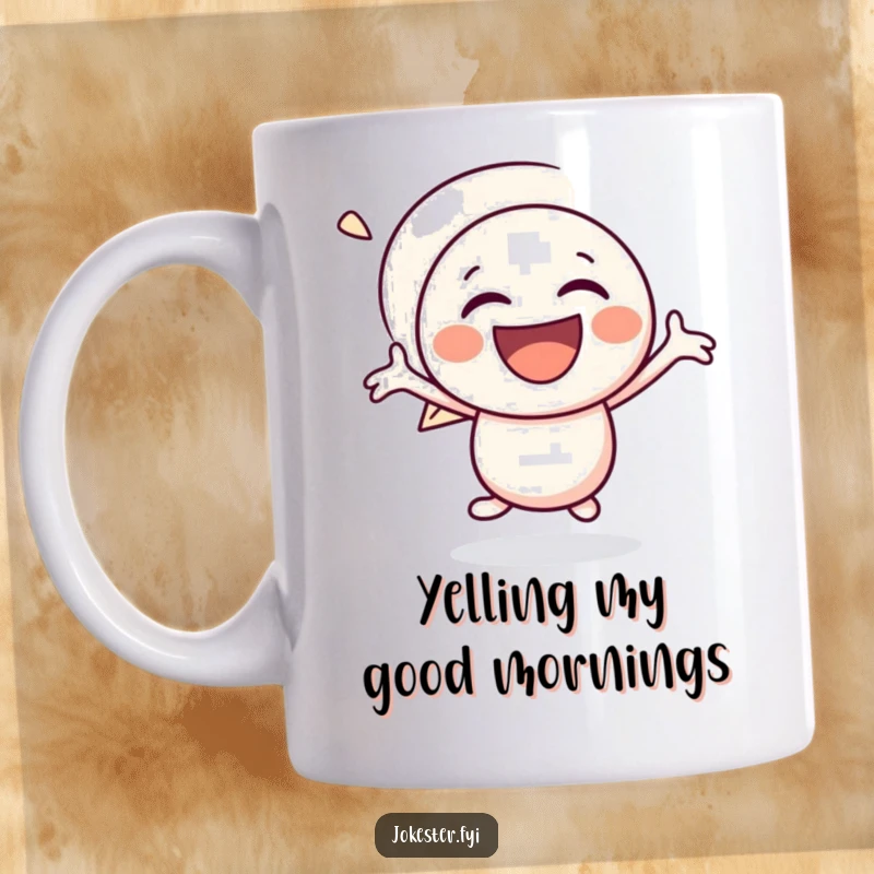 Funny speech bubble mug with a gleefully laughing character bouncing with pure joy, radiating positive and comical energy.