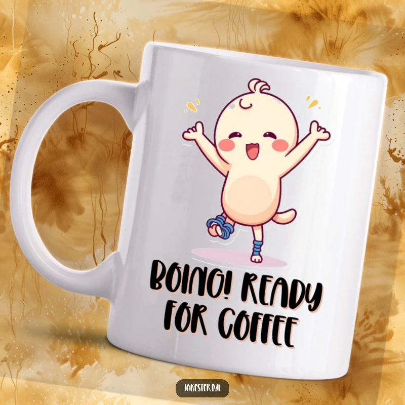 Funny Mug: A playful character with giant springs on its feet doing a silly, energetic dance, radiating pure joy and humor.