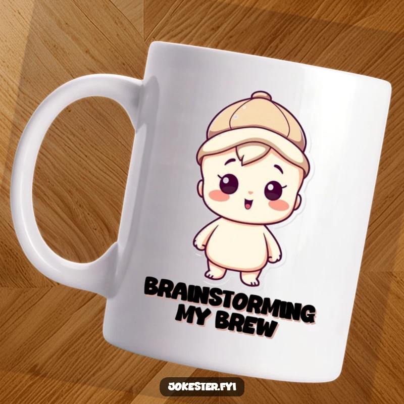 Funny mug featuring a clever character wearing a thinking cap, looking inspired and ready with innovative ideas.
