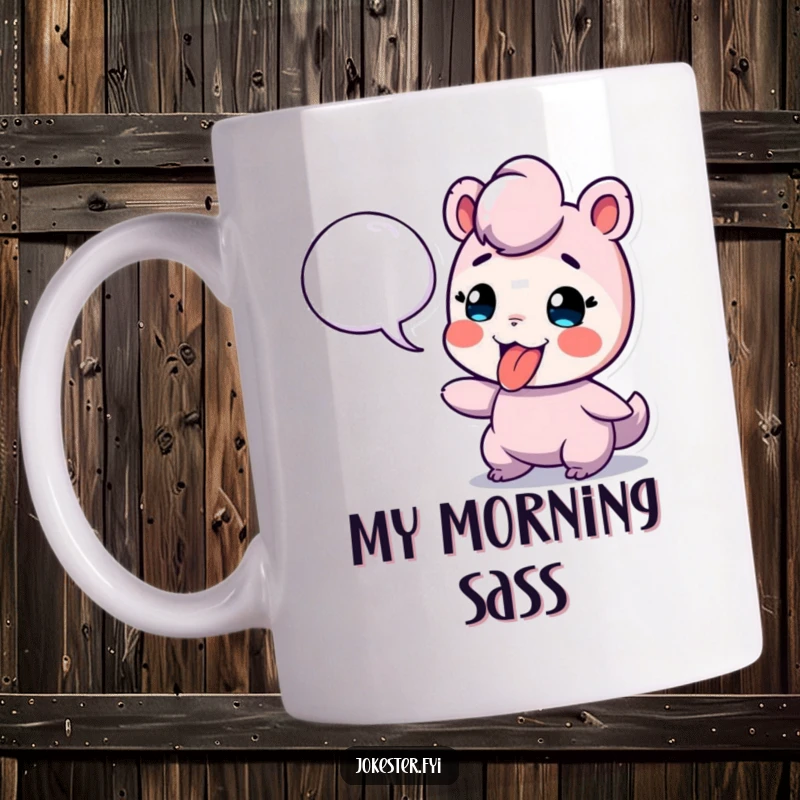 Funny mug: a playful character sticking its tongue out defiantly at a floating speech bubble, exuding cheeky attitude.