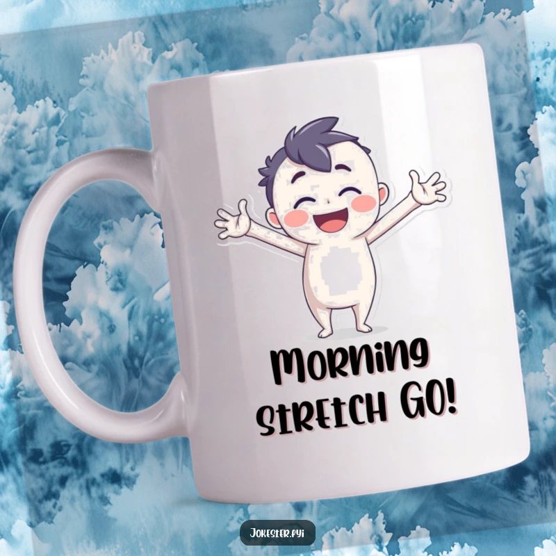 Funny Mug featuring a joyful character striking a silly pose with exaggerated limbs, full of life and humor.