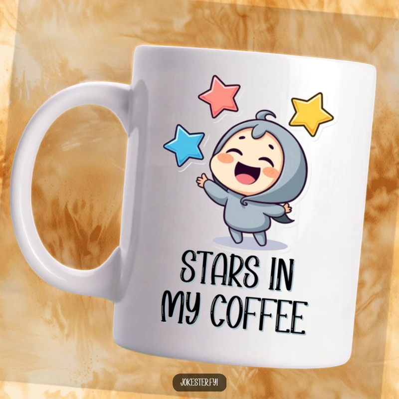 Funny juggling stars mug, a giggling character playfully tossing three colorful stars with pure delight and glee. A whimsical, happy design.