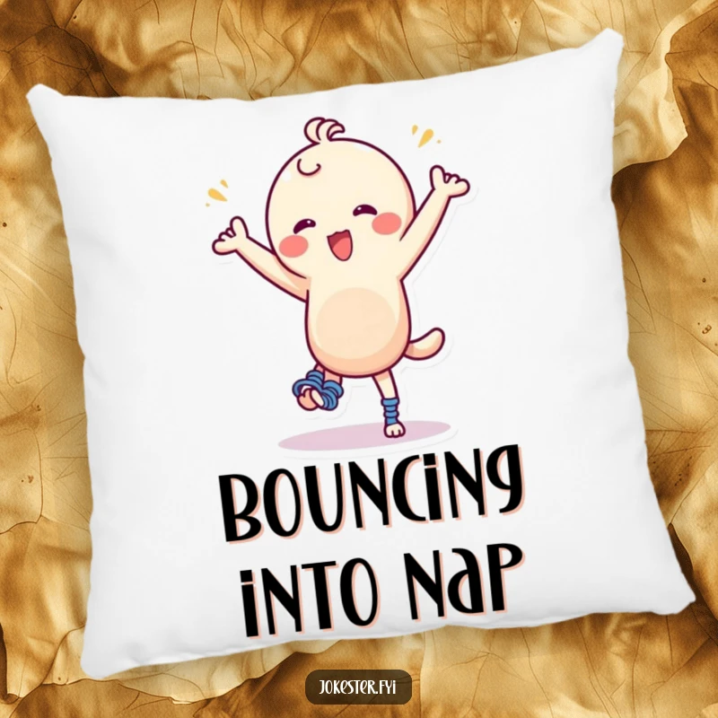 Funny Pillow: A character with comically large springs on its feet is shown doing a silly, happy dance, bringing humorous comfort.