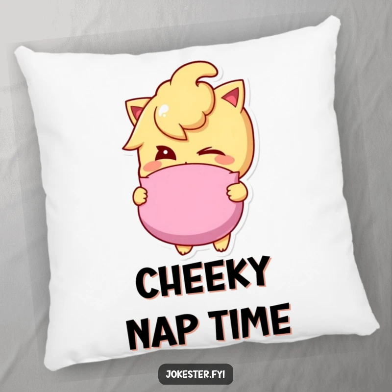 Funny whoopee cushion pillow with a mischievous winking character holding a whoopee cushion, offering comfort and amusement.