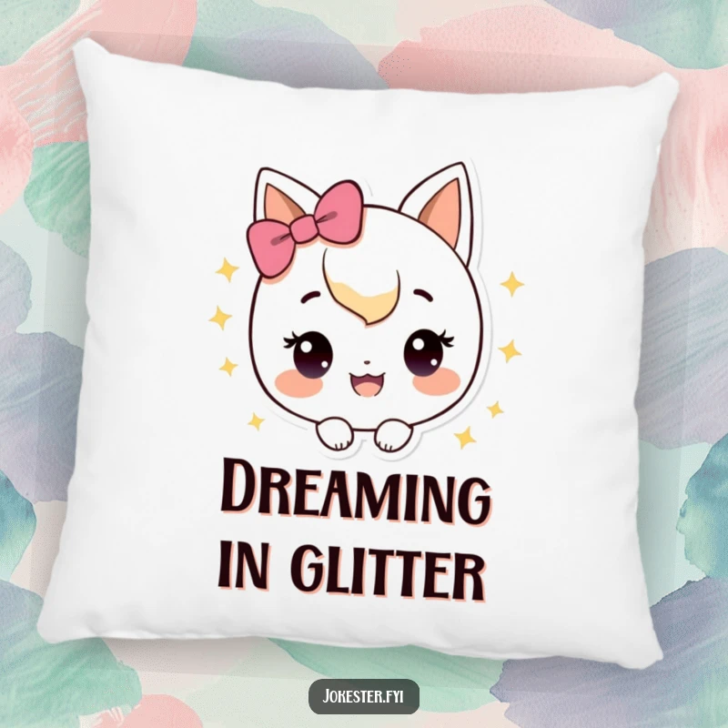 Funny Pillow featuring a happy character with sparkles, perfect for cozy joy and comfort.