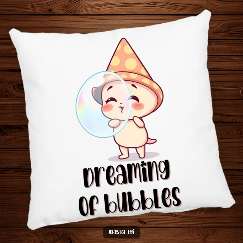 Funny pillow featuring a happy, giggling character in a cone hat, blowing a massive, translucent bubble. Soft, cozy, and amusing.