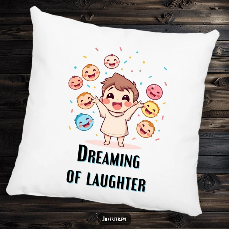 Funny pillow with a happy character juggling colorful laughing faces and throwing confetti, great for decor.