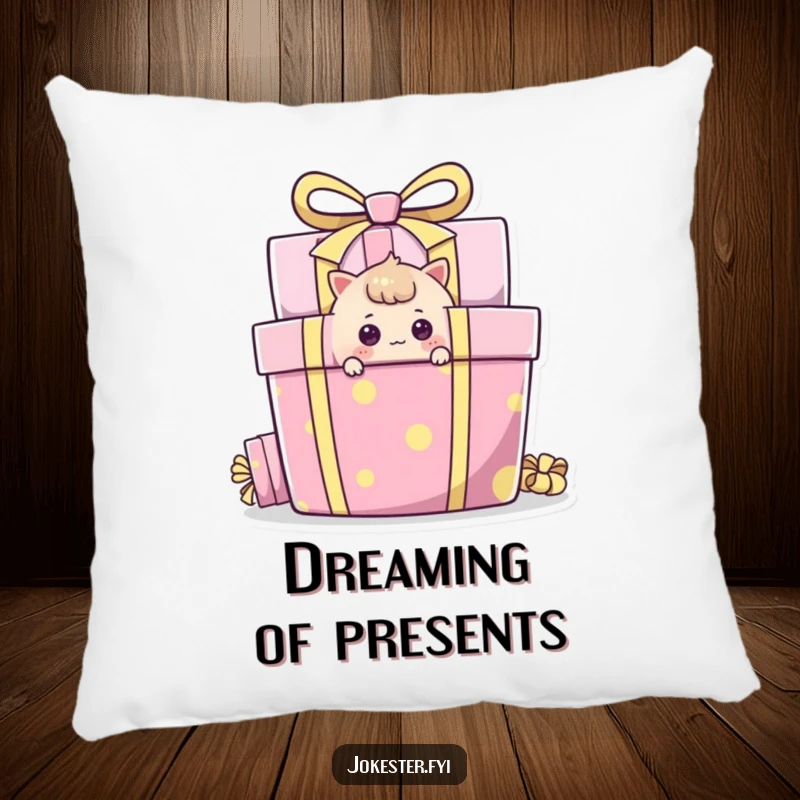 Funny Pillow featuring a curious character peeking around a gift box, perfect for cozy mystery and humor.