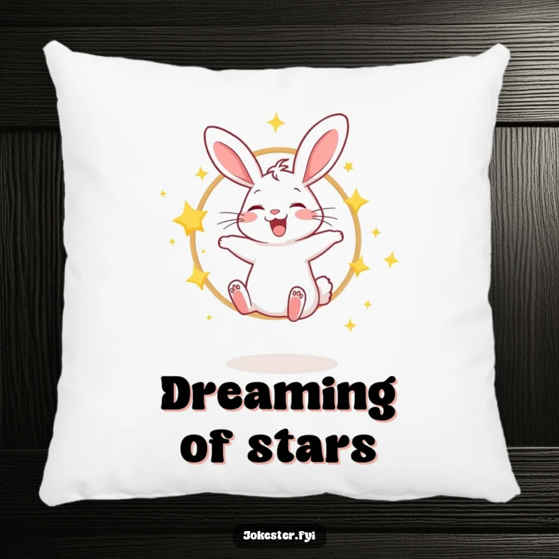 Funny pillow with a giggling rabbit jumping through a hoop of sparkling stars, great for decor.
