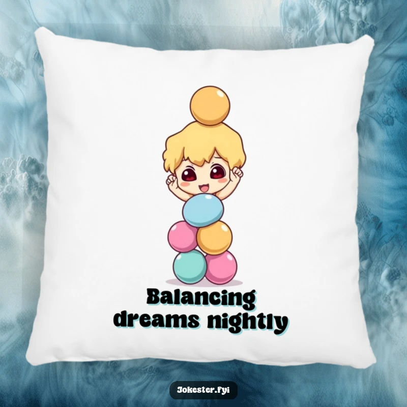 Funny mischievous character balancing a stack of colorful balls precariously, decorative pillow, soft cushion, juggling art, funny comfort gift.