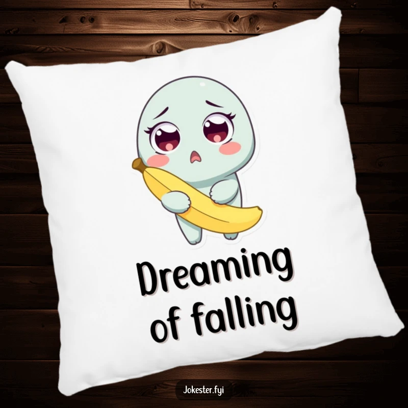 Funny pillow depicting a character with wide eyes, holding a banana peel after a comical slip, offering humorous comfort.