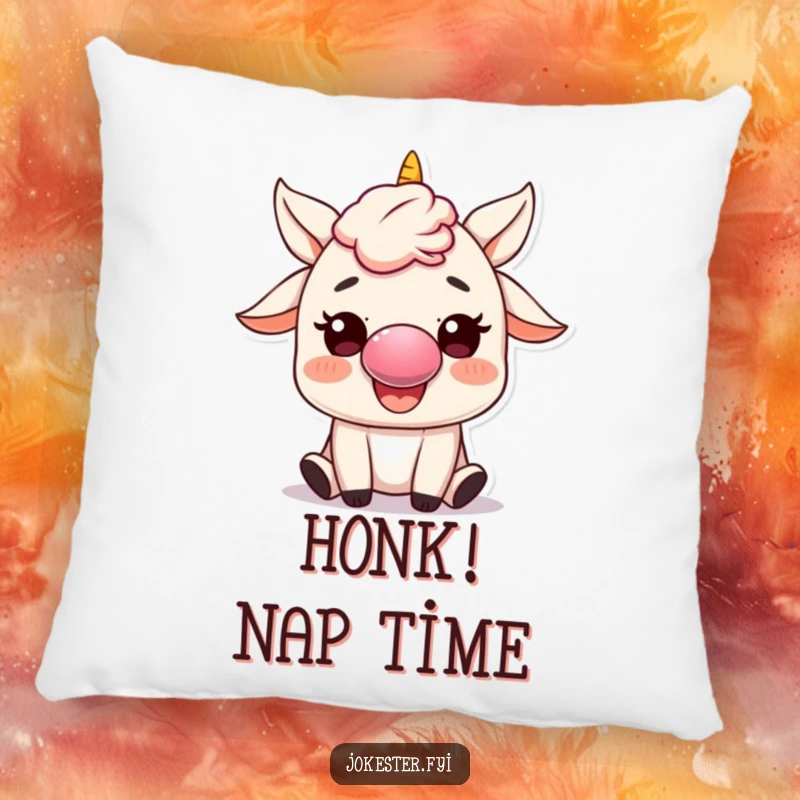 Funny Pillow: A character with a clown nose is joyfully honking a small horn, bringing humorous comfort and playful charm.