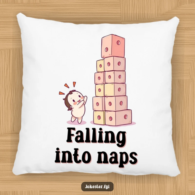 Funny pillow featuring a character with a look of pure delight as cubes comically collapse around them. Soft and amusing.