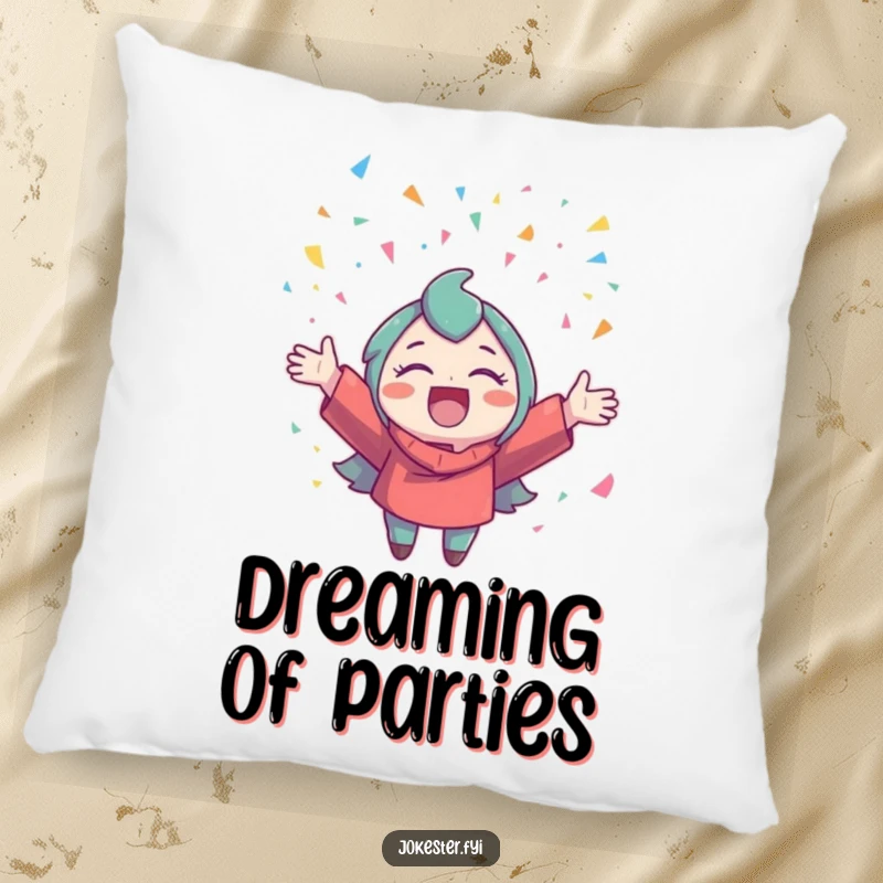 Funny Confetti Pillow: A plush pillow features a delighted character throwing confetti, adding comfort and festive cheer.