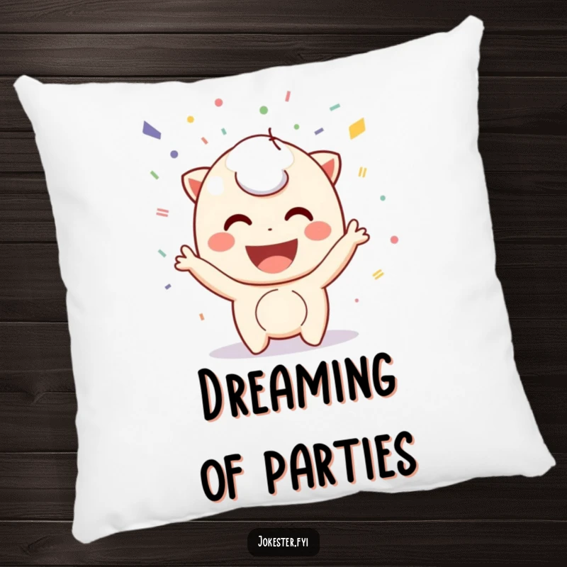 Funny confetti pillow, a playful character with a big smile throwing confetti, providing comfort and a festive vibe.