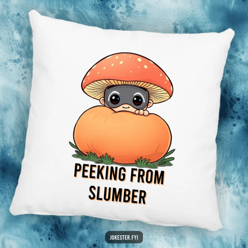 Funny pillow with a curious character wearing a funny mask, peeking from behind a large, colorful puffball mushroom. Soft and delightfully mysterious.