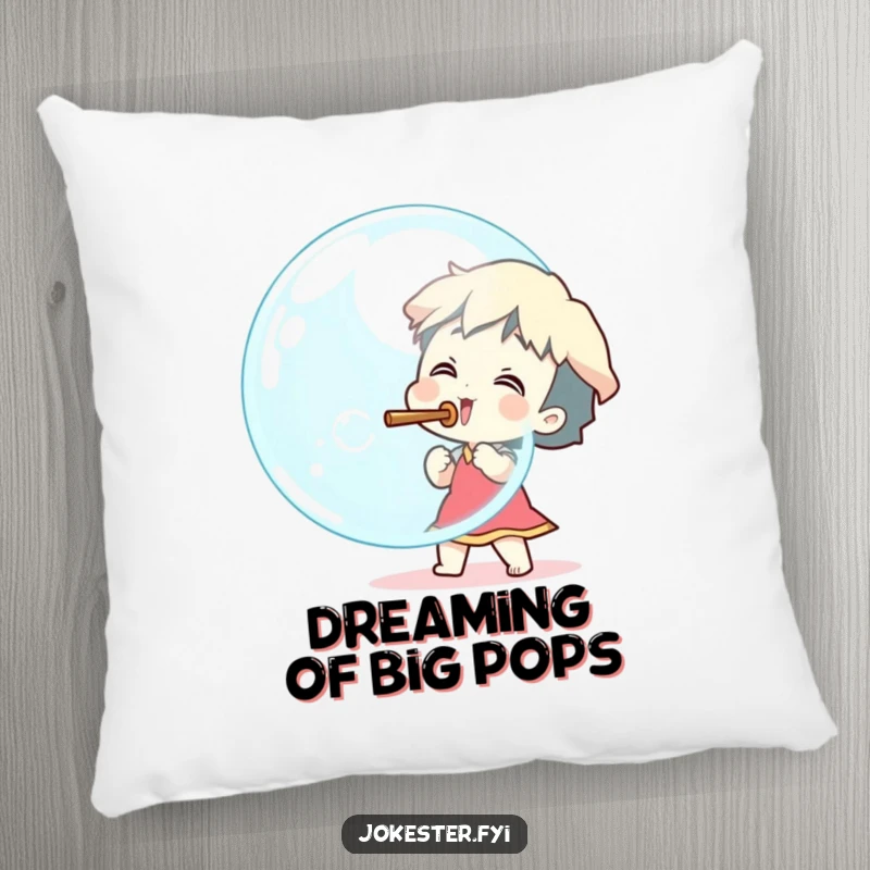 Funny excited character blowing a giant bubble with a stick, decorative pillow, soft cushion, cartoon art, funny comfort gift.