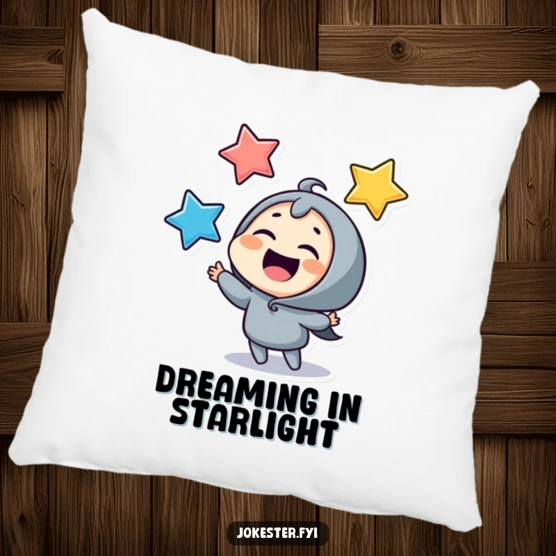 Funny juggling stars pillow, a giggling character happily tossing stars, offering comfort and humor. A delightful decorative accent.