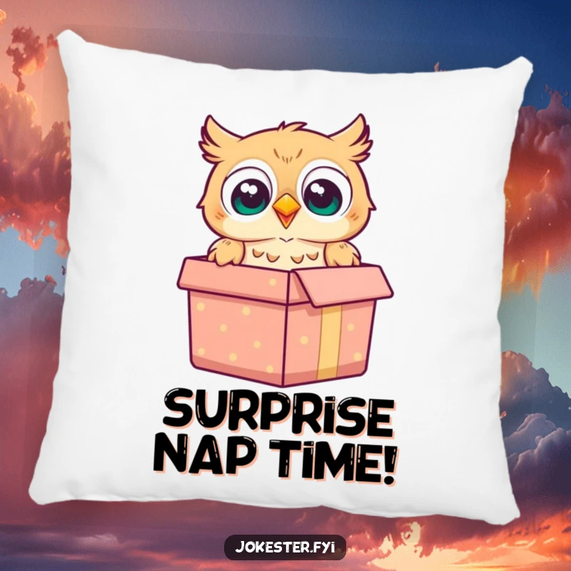 Funny owl pillow with a cheerful owl popping out of a gift box with a surprised expression, great for decor.