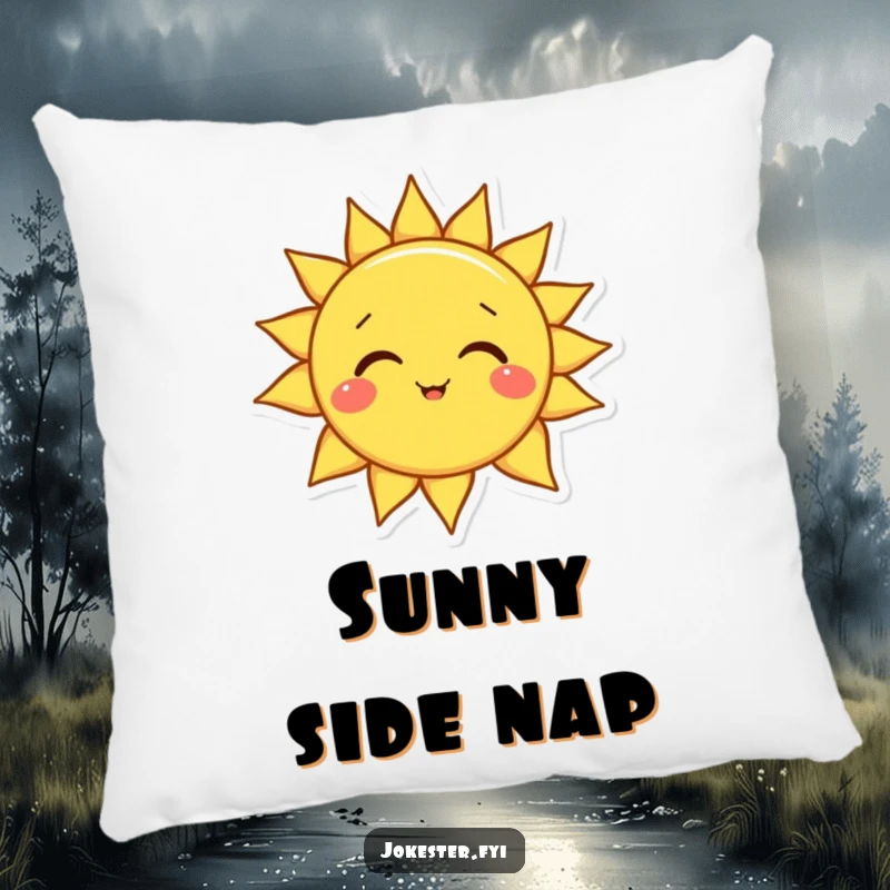 Funny sun pillow featuring a happy smiling sun character tilting its head playfully, a soft and amusing accent for cozy spaces.
