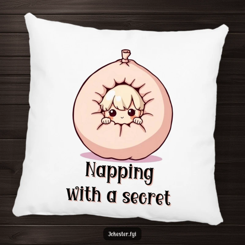 Funny curious character peeking from behind a giant whoopee cushion, decorative pillow, soft cushion, prankster art, funny comfort gift.