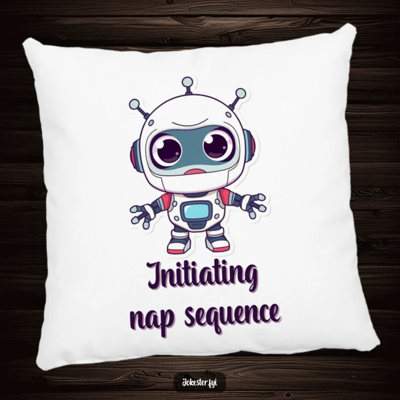 Funny robot pillow, a surprised character with comically large googly eyes, looking around playfully, a soft and humorous decor.