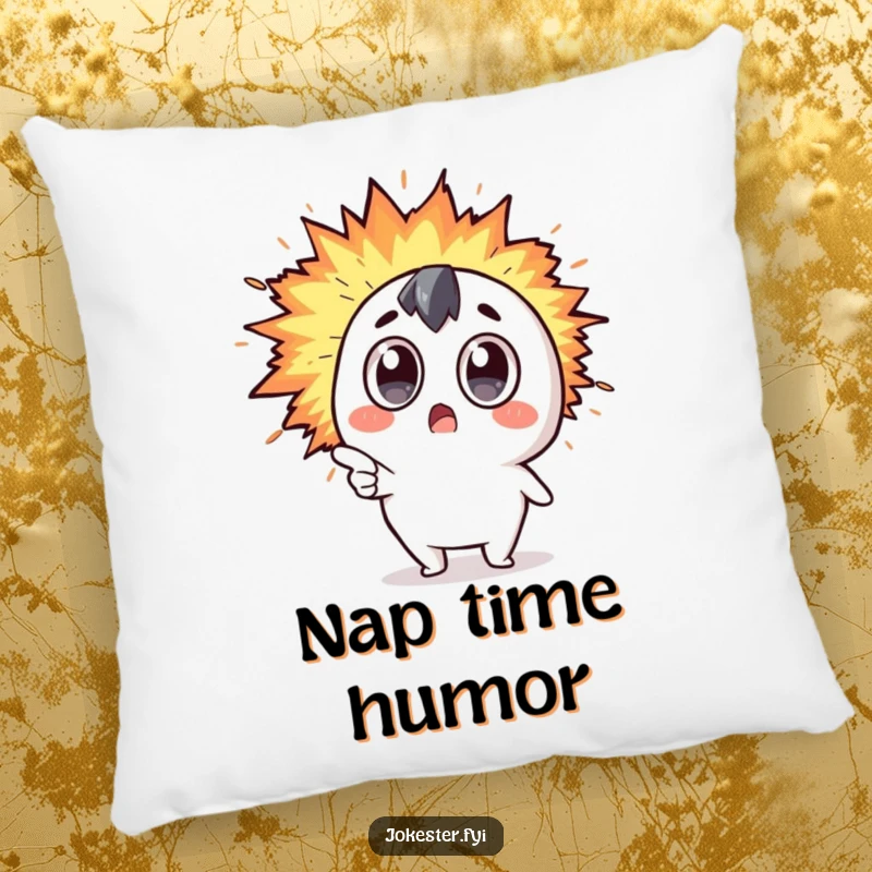 Funny Kawaii character with surprised eyes pointing at an expanding explosion of humor on a soft and comfy pillow.