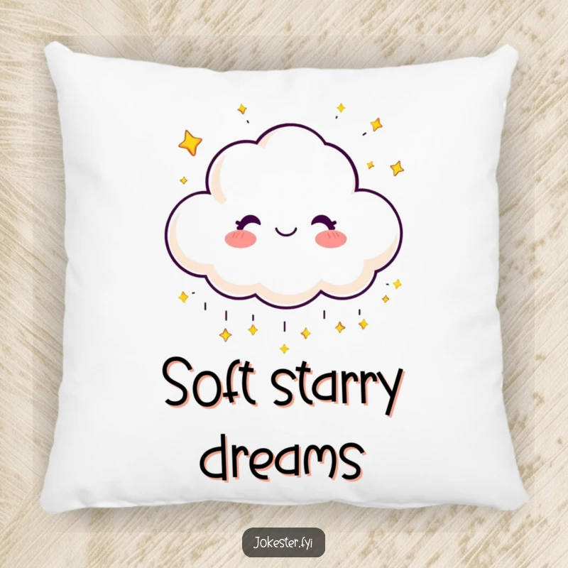 Funny pillow featuring a happy cloud character with a cheerful grin raining sparkling stars.