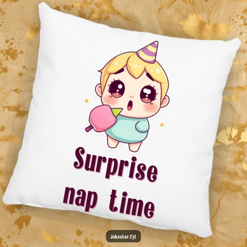 Funny surprised party popper pillow with a character wide-eyed, holding a confetti-strewn party popper, offering comfort and amusement.