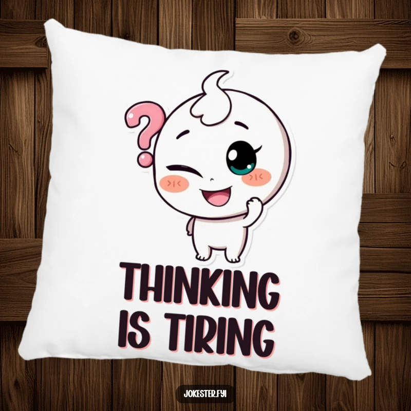 Funny pillow featuring a character with a mischievous grin, gently tickling a suspended question mark, offering cozy contemplation.