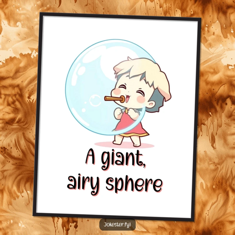 Funny excited character blowing a huge bubble with a stick, downloadable art print, cartoon illustration, playful wall decor, instant funny gift.