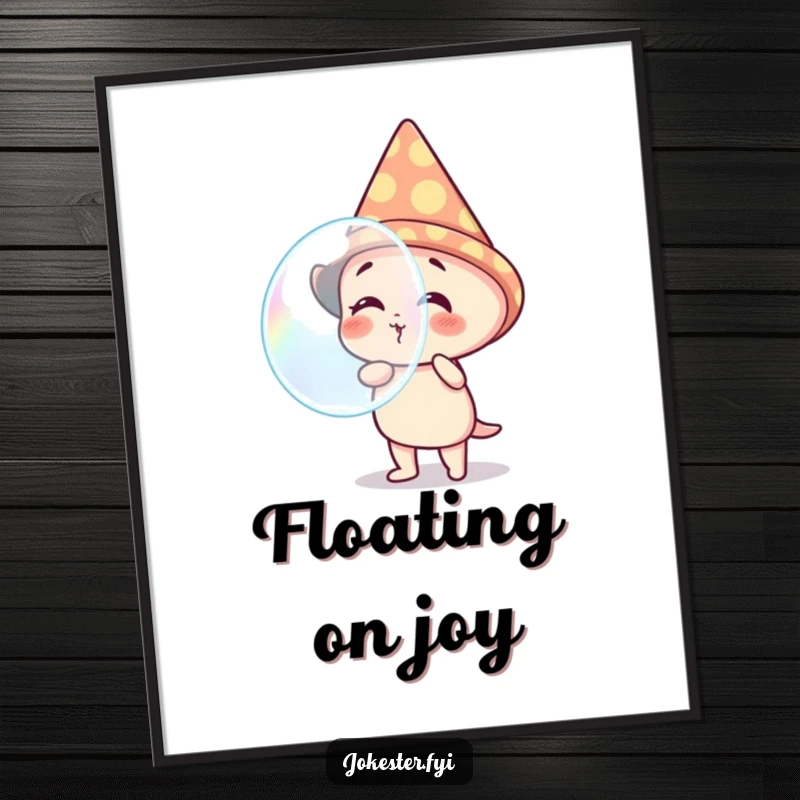 Funny digital art print of a giggling character in a cone hat, blowing a colossal, transparent bubble. High-resolution, cheerful, and amusing.