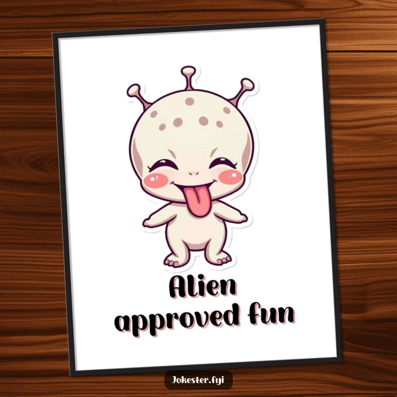 Funny digital art print of a giggling alien character sticking out its tongue playfully, ready to entertain.