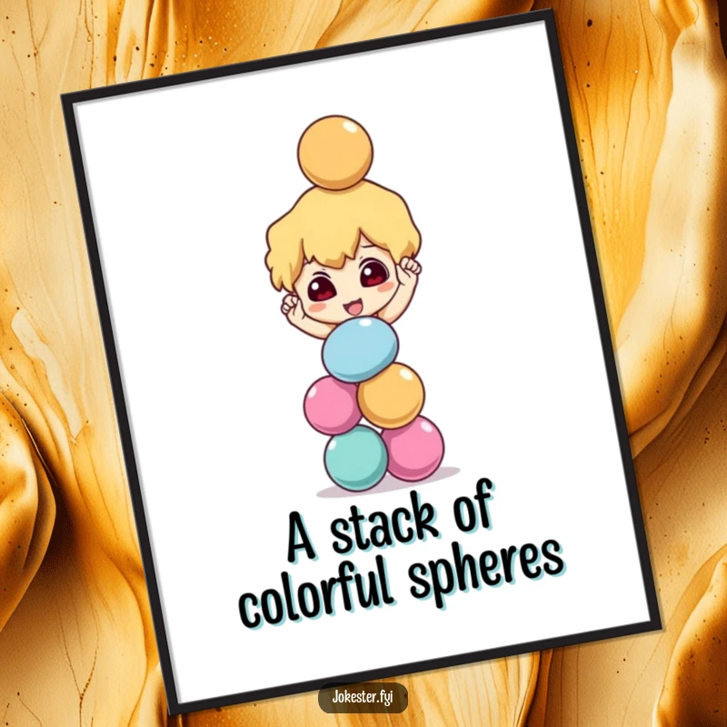 Funny mischievous character balancing a stack of colorful balls precariously, downloadable art print, juggling illustration, dynamic decor, instant funny gift.