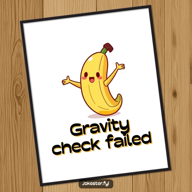 Funny banana digital art print of a silly banana character comically slipping on a tiny peel, arms flailing, vibrant and amusing.