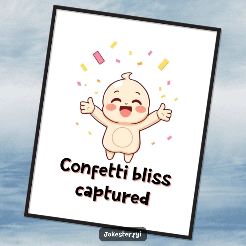 Funny digital art print of a happy character catching falling confetti, ready to be printed and framed for instant festive decor.