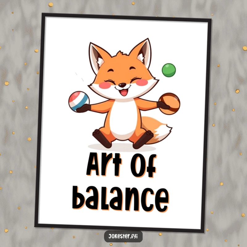 Funny fox with a mischievous grin juggles three balls, presented as a vibrant, humorous digital art print.