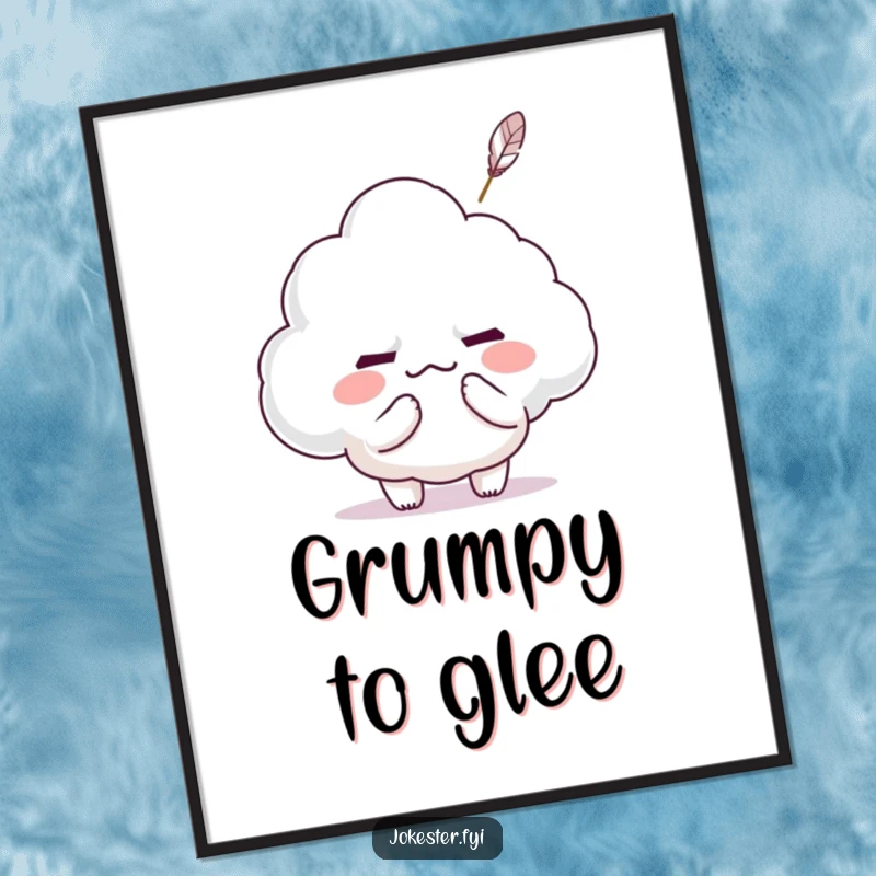 Funny Kawaii character tickling a grumpy cloud with a feather, making it smile, high-resolution digital art.