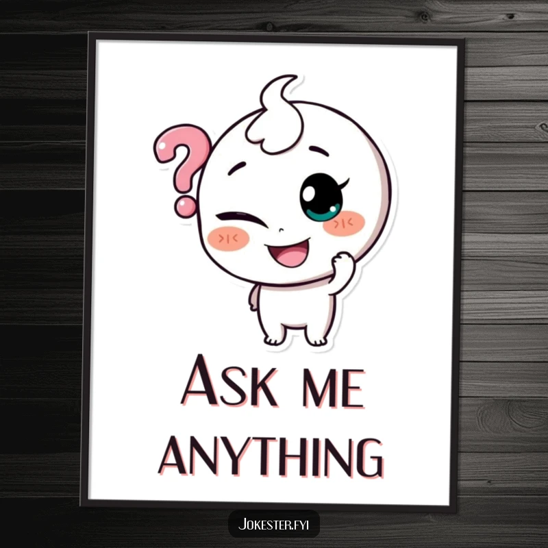 Funny digital art print of a character with a mischievous glint tickling a floating question mark, full of playful mystery.