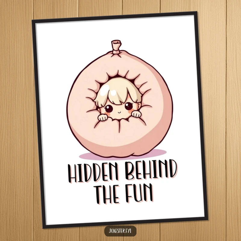 Funny curious character peeking from behind a giant whoopee cushion, downloadable art print, prankster illustration, playful decor, instant funny gift.