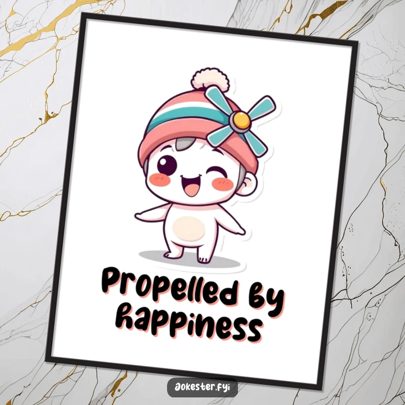 Funny Digital Art Print of a silly character in a propeller beanie spinning with pure delight, ready to add joy to any wall.