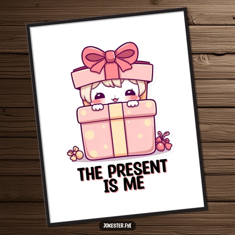 Funny Digital Art Print: A character humorously peeking from behind a large, vibrant present.