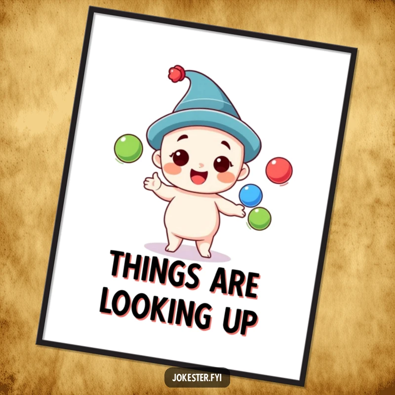 Funny juggling digital art print of a cheerful character in a silly hat, expertly juggling three colorful balls, ready for instant display.