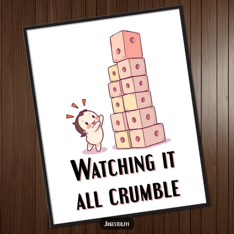 Funny digital art print of a character’s delighted face watching a tower of cubes comically collapse. High-quality, amusing, and vibrant.
